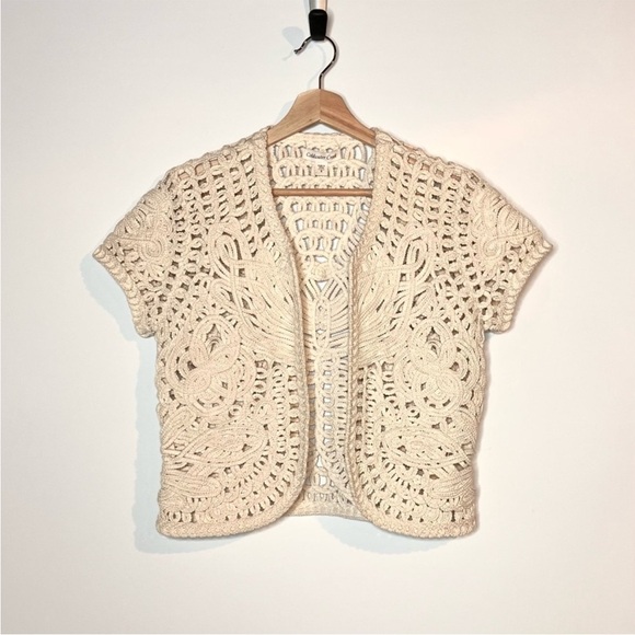 Vintage Coldwater Creek Stunning Crochet Tan Cream open front Cardigan bolero - Picture 1 of 8